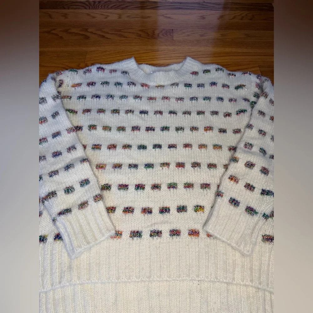 Moth Anthropologie Cream Knit Sweater Rainbow Confetti Fuzzy Cozy Pullover XS - Picture 3 of 11